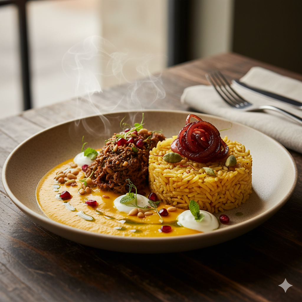 يقطين الزبدة مع لحم الضأن المتبّل والأرز العطري